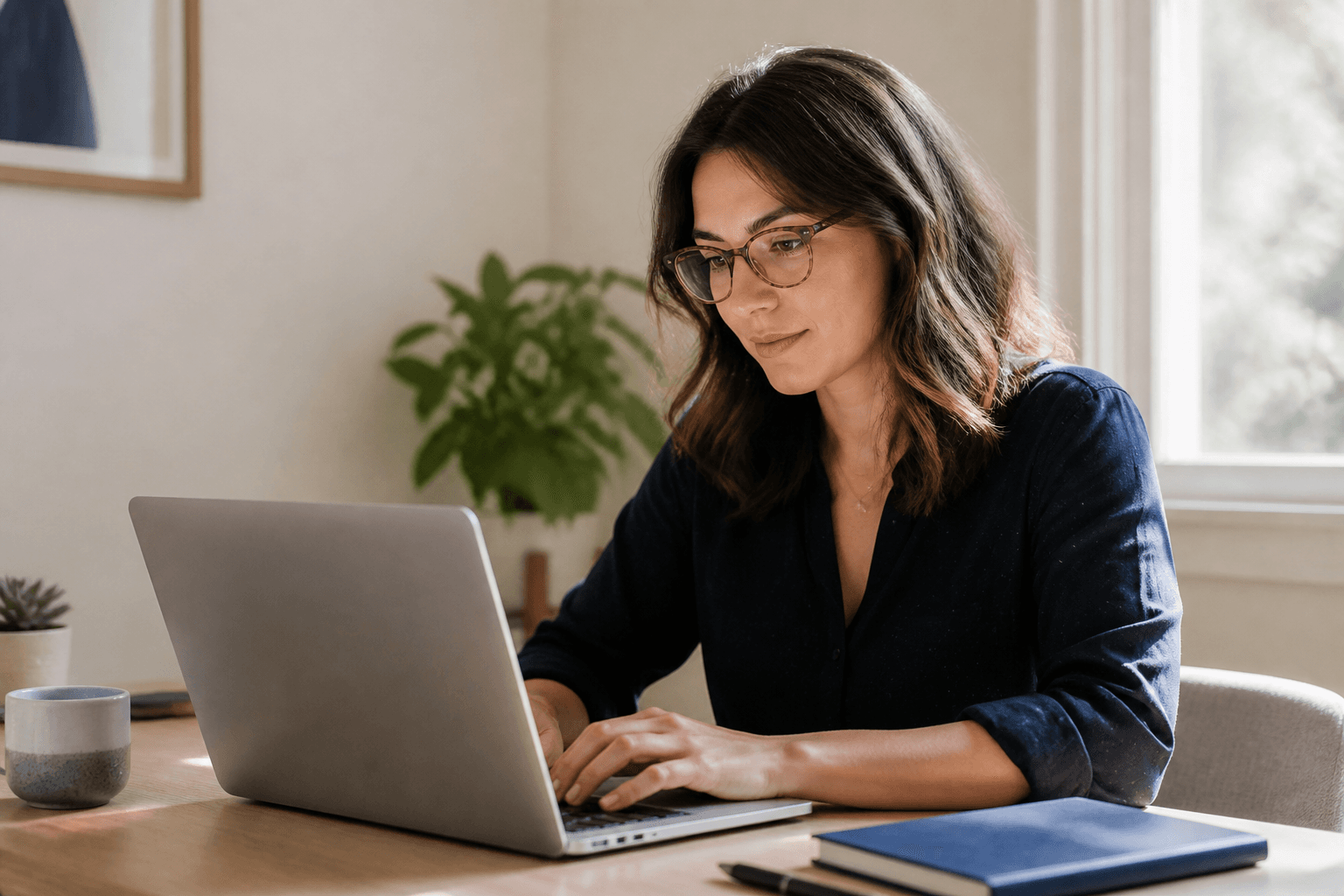 Professional using a laptop in a bright workspace